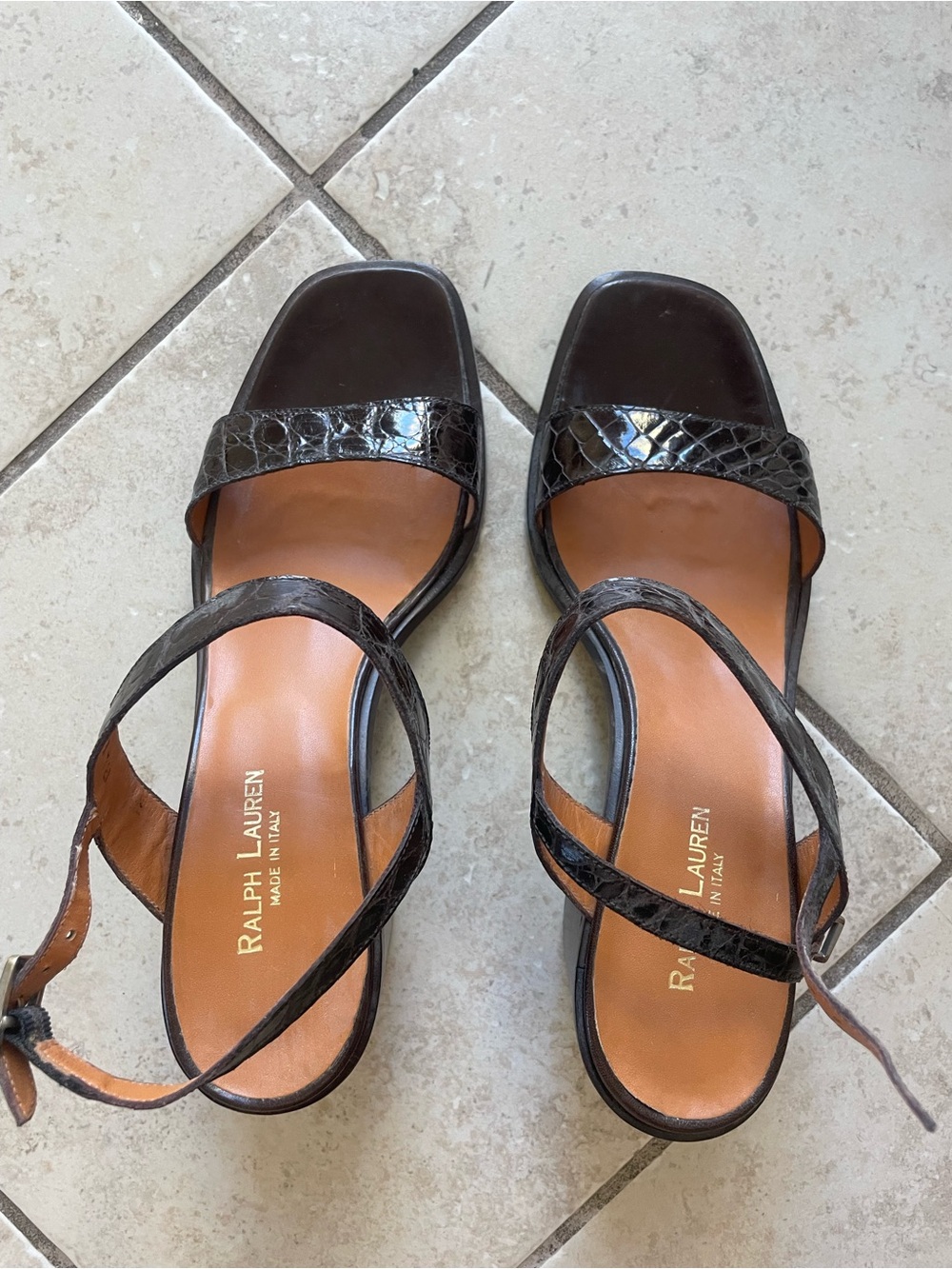 Ralph Lauren Black Croc-Embossed Strap Sandals